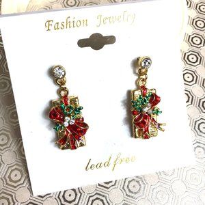 Christmas Present w/ jewels Post Earrings NWOT